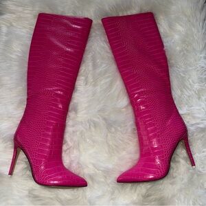 Nine West Women’s Taler3 Pink Croc-Embossed Knee-High Boots